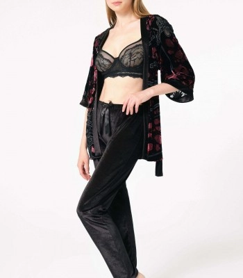 Kadın Tül Çiçek Baskılı Sabahlık Balenli Desteksiz Dolgusuz Dantelli Büstiyer Sütyen ve Pantolon Pijama 3'lü Takım (5688)