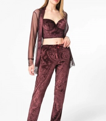 Kadın Tül Dantelli Sabahlık Balenli Destekli Dolgulu Çiçek Baskılı Kadife Büstiyer Sütyen ve Pantolon Pijama 3'lü Takım (5682)