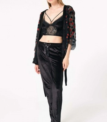 Kadın Tül Puantiyeli Sabahlık Balensiz Desteksiz Dolgusuz Yaka Detaylı Kadife Dantelli Bralet Sütyen ve Pantolon Pijama 3'lü Takım (5687)