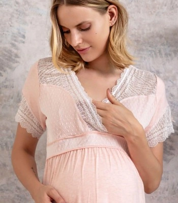 Kadın Viskon Hamile Lohusa Dantelli Sabahlık ve Önden Açılan Emzirme Uzun Gecelik Elbise Takım (5508)