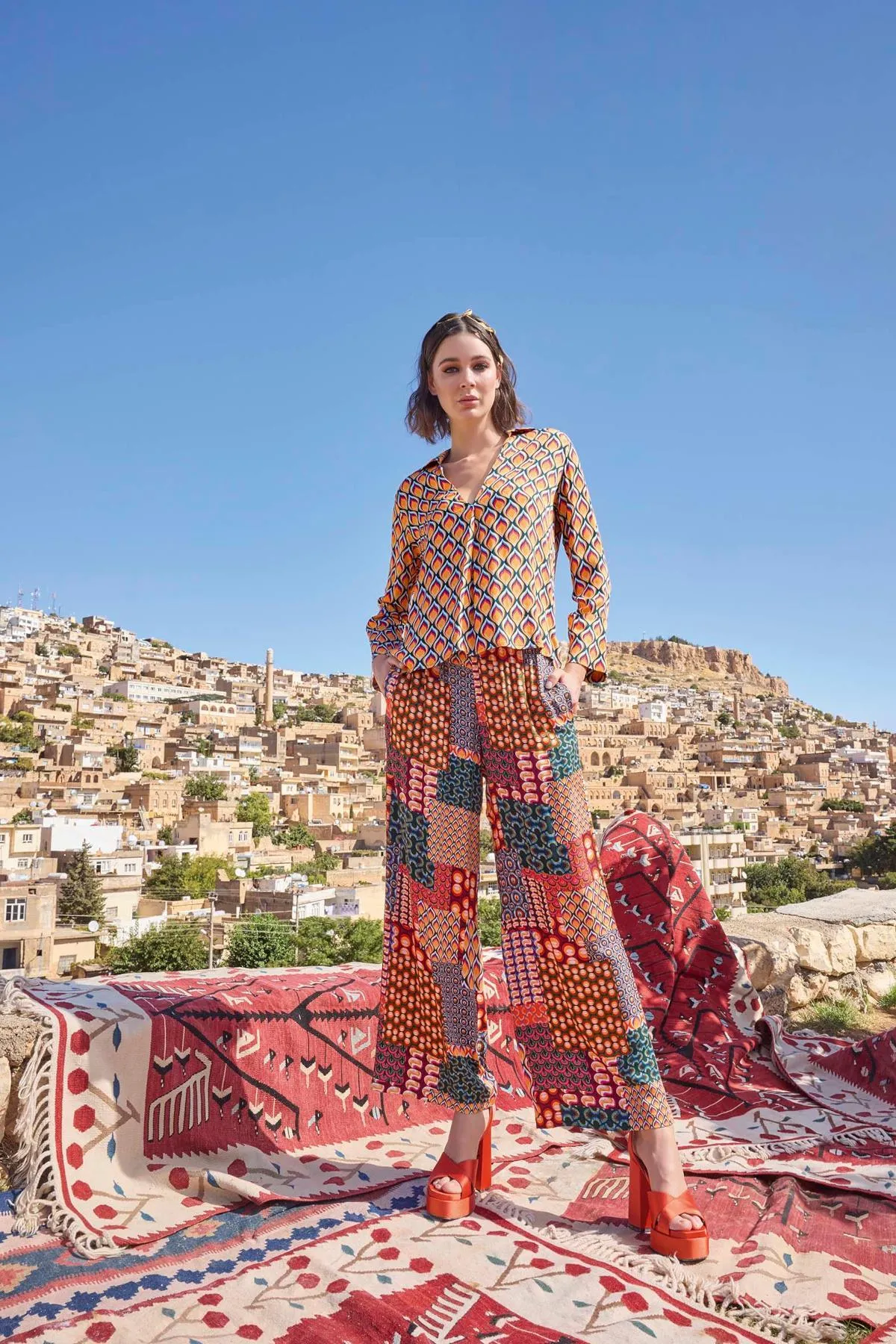Arias Closet Etnik Desenli Saten Alt Üst Takım
