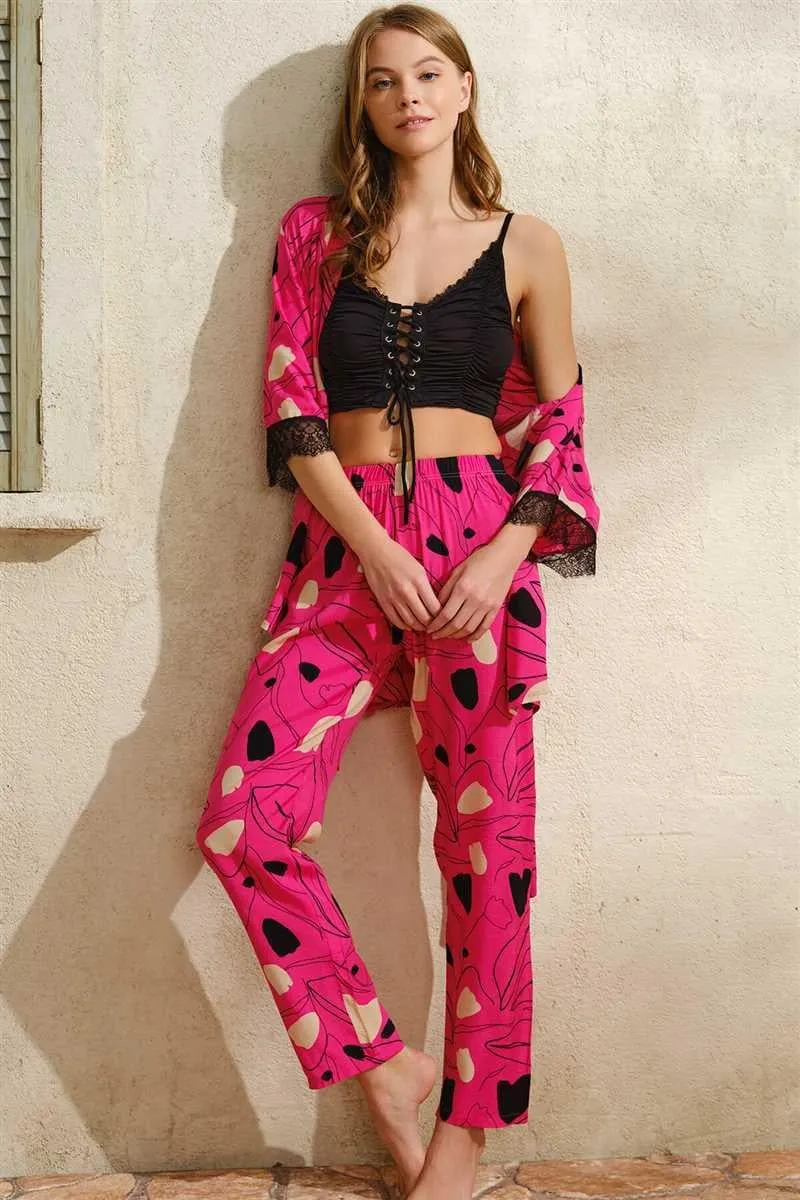 Arias Closet İp Askılı V Yaka Çiçek Desenli Yazlık Uzun İp Detaylı Pijama Altı Sabahlık Takımı