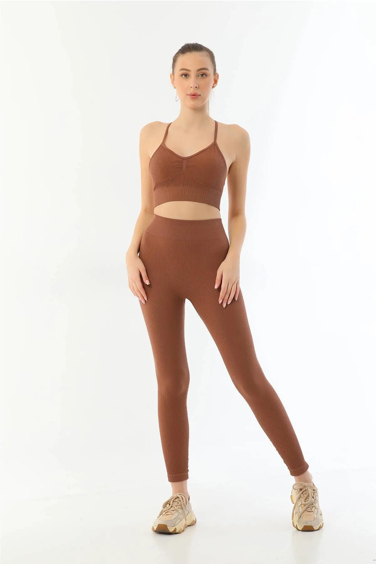 Arias Closet Kahve MI Emay 3921 Soft Seamless Ripli Tayt Yoga Takımı