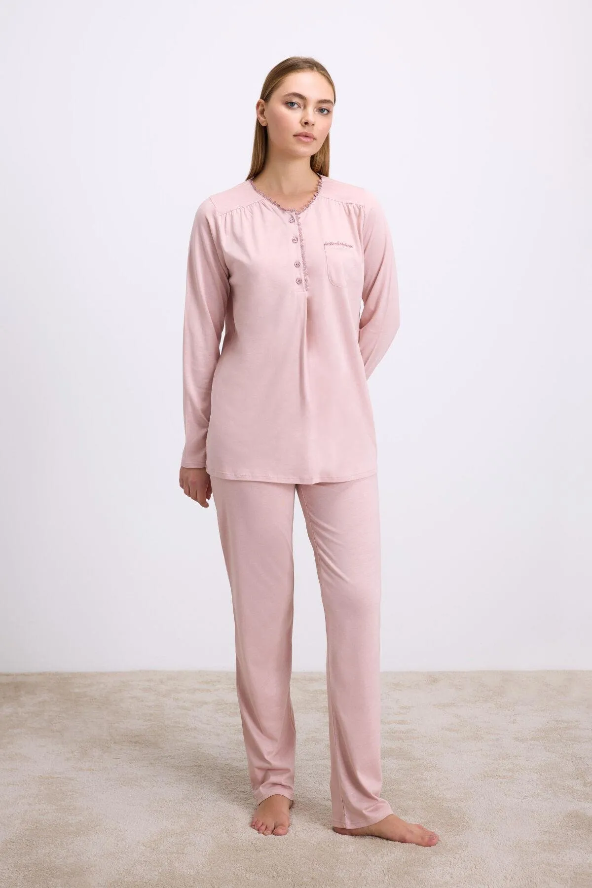 Arias Closet Gül Kurusu Modal Pamuklu Uzun Kollu Düğmeli 2'li Pijama Takımı