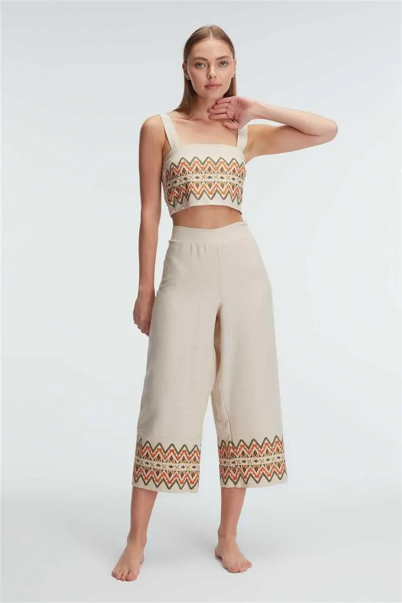 Arias Closet Askılı Oyuk U Yaka Geometrik Yazlık Uzun Nakış Detaylı Pijama Takımı