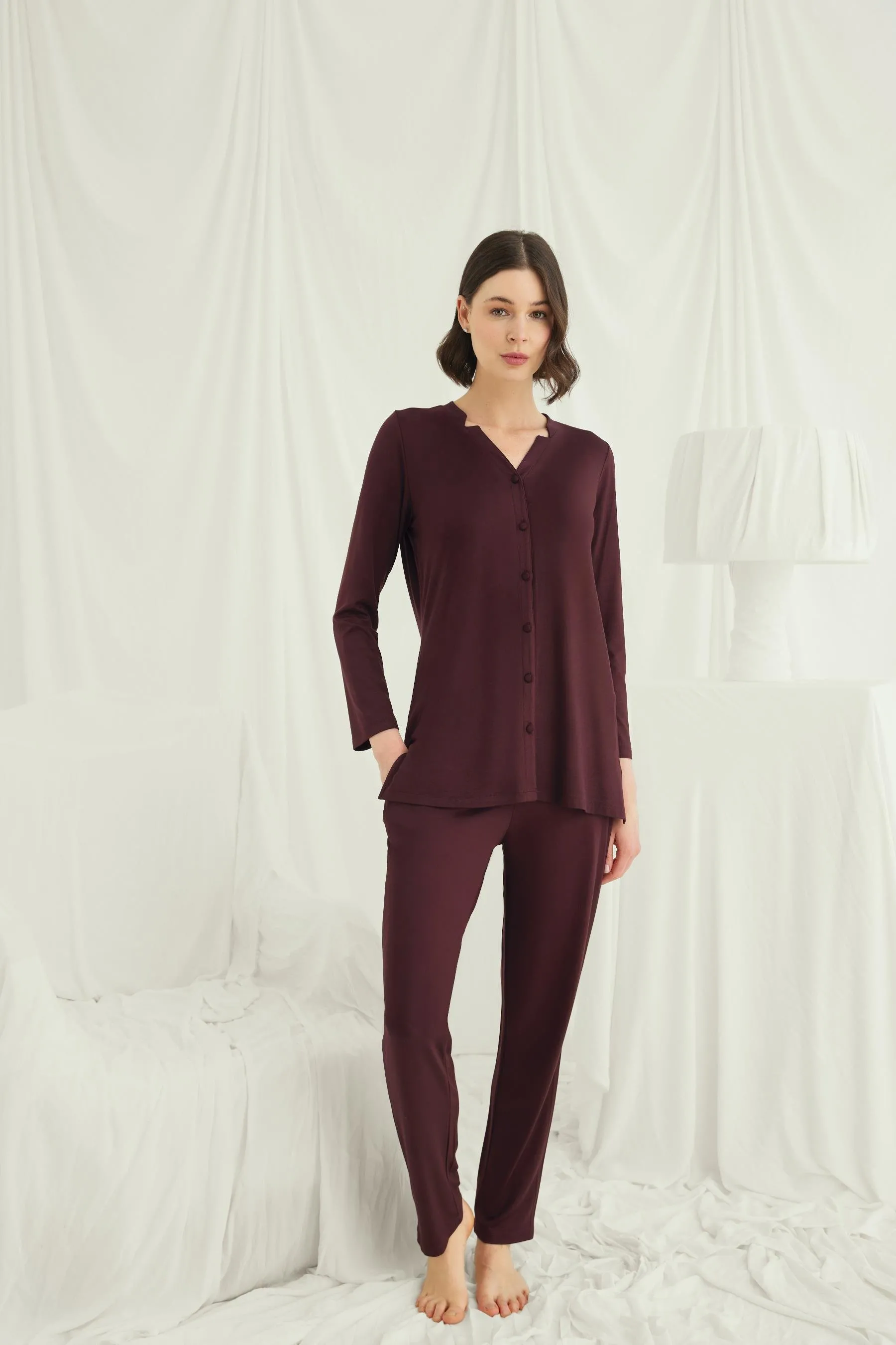Arias Closet Uzun Kollu Boydan Düğmeli V Yaka Pijama Takımı