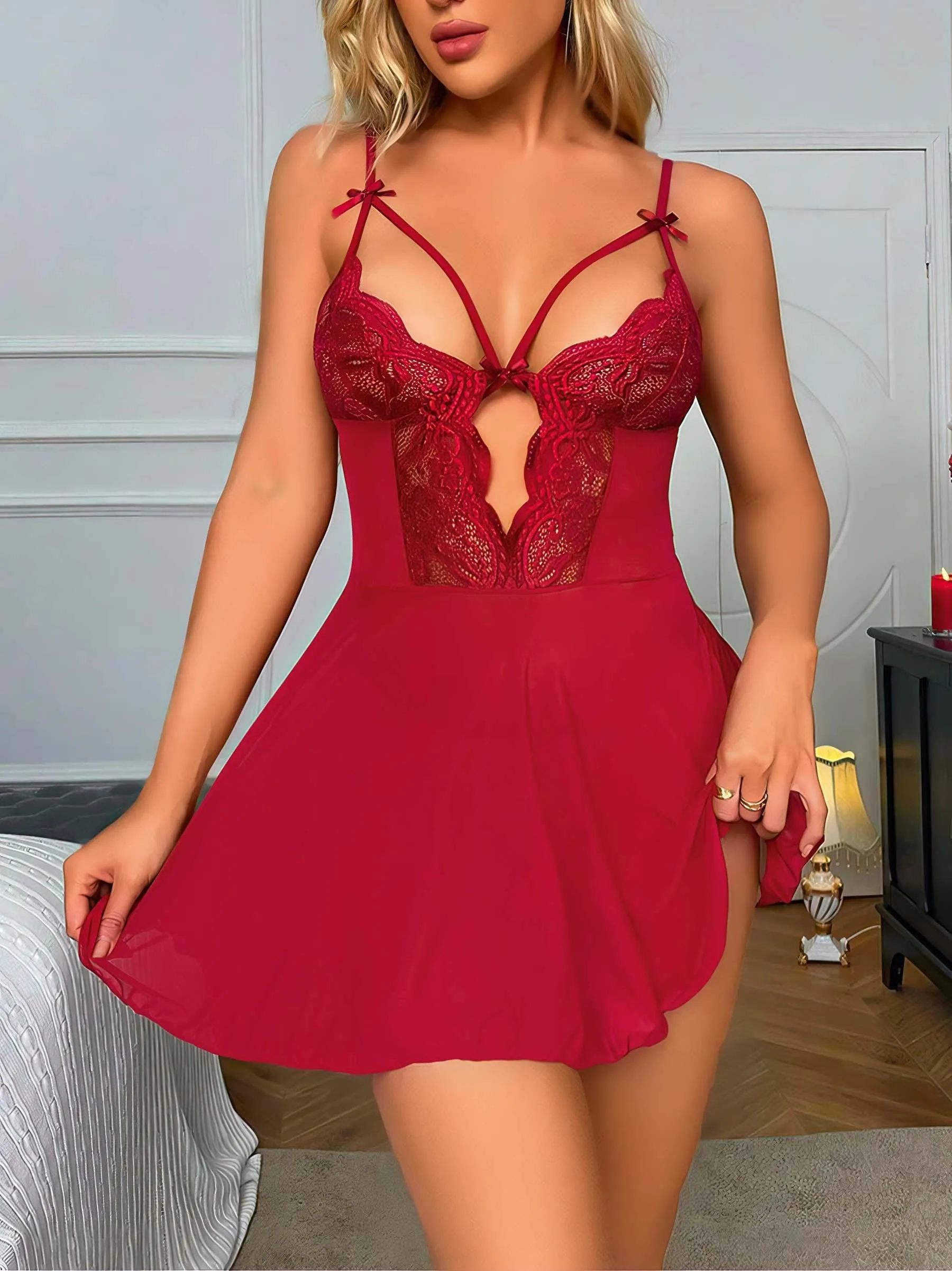 Arias Closet Bordo Dantel İşlemeli Göğüs İp Detaylı Fantezi Tül Gecelik Takımı