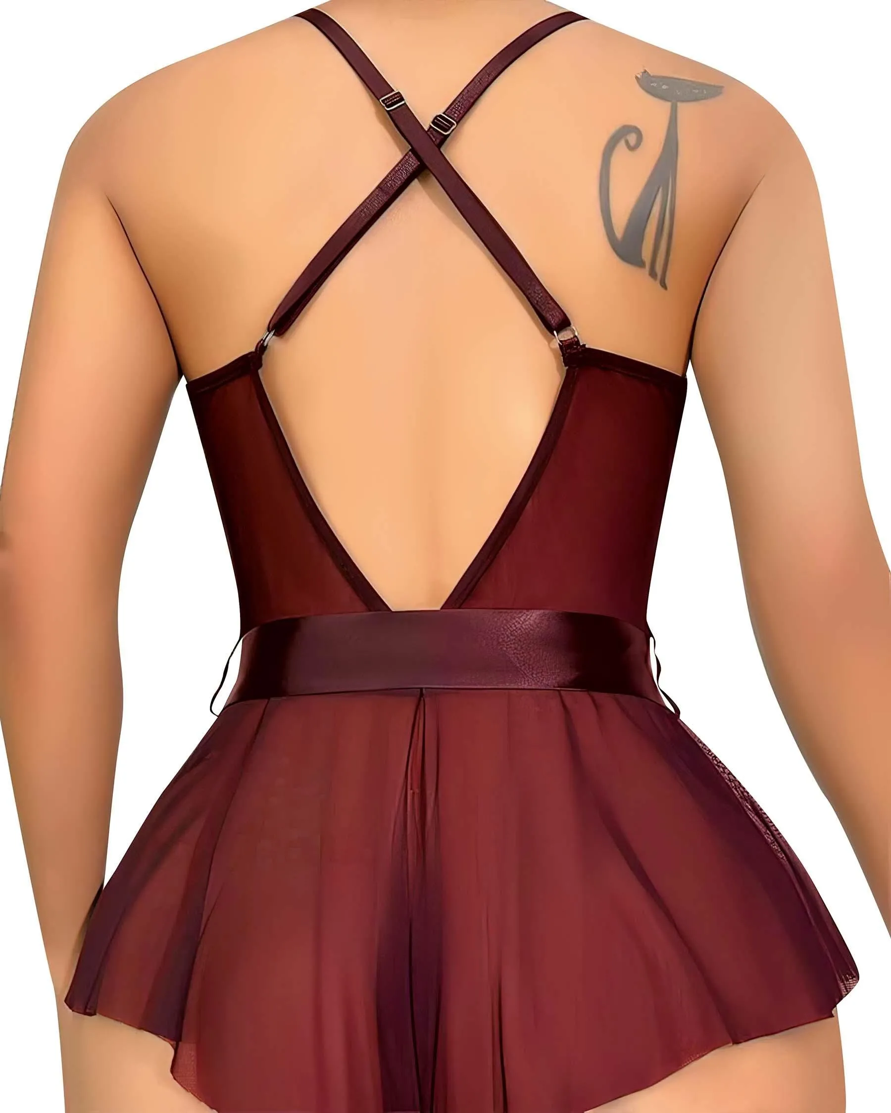 Bordo Dantel İşlemeli Kurdelalı Fantezi Tül Babydoll