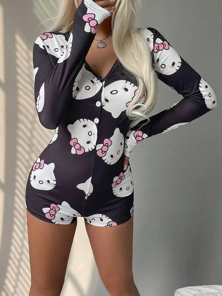 Arias Closet Pamuklu Siyah Hello Kitty Desenli Düğmeli Uzun Kol Tulum Pijama