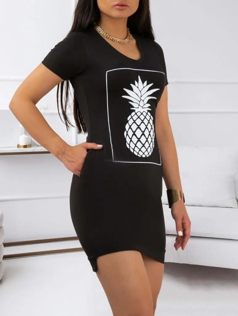 Ananas Baskılı Kısa Kol Viskon Elbise BN-56085