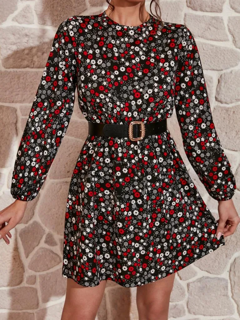 Uzun Kollu çiçek Desenli Bisiklet Yaka Helen Kumaş Elbise Kemersiz BN-48024