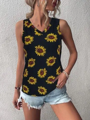 V Yaka Kolsuz Ayçiçeği Desen Krep Bluz BN-56792
