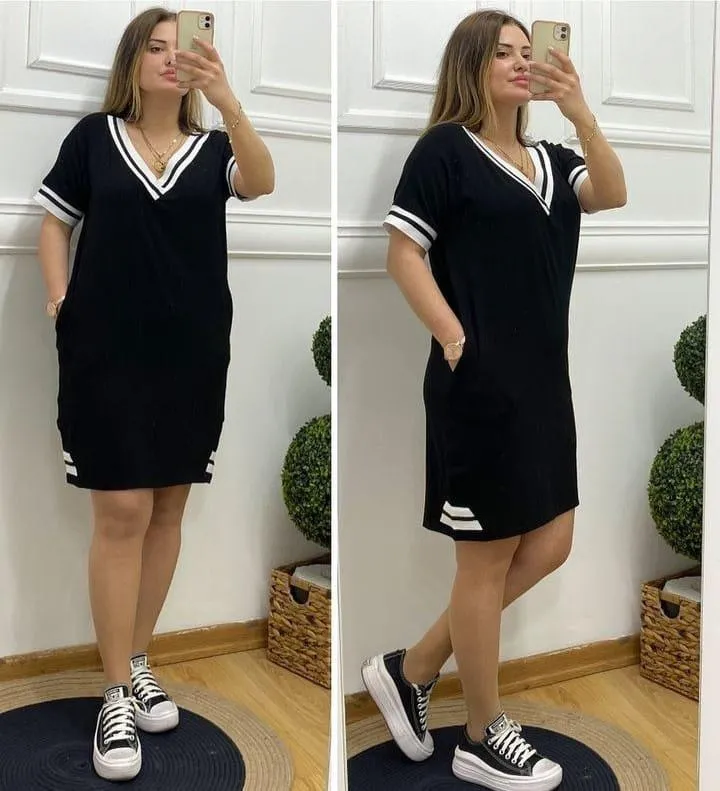 V Yaka Ribana Detaylı Cepli Dizüstü Viskon Elbise BN-54588