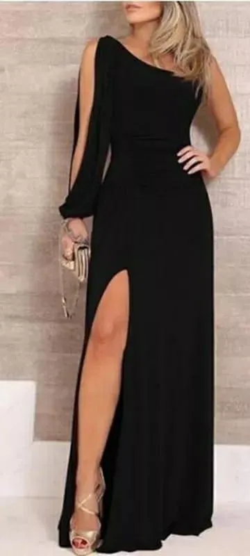 Tek Omuz Açık Derin Yırtmaçlı Krep Tam Boy Elbise BN-48865