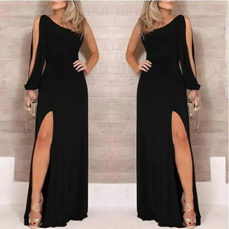 Tek Omuz Açık Derin Yırtmaçlı Krep Tam Boy Elbise BN-48865